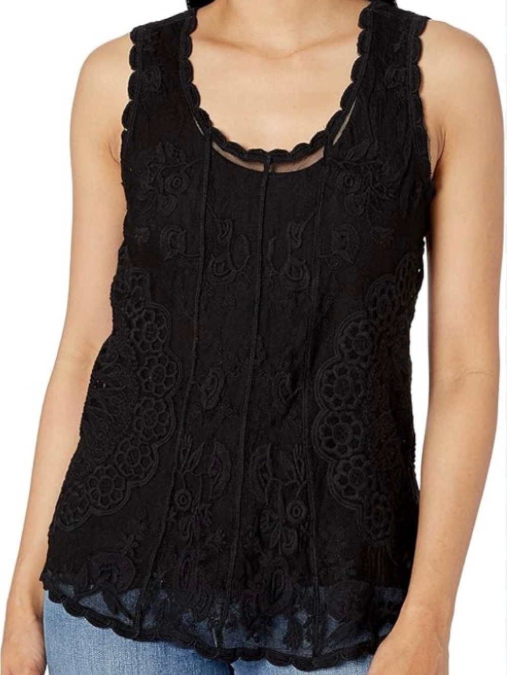 Tribel Jeans Black Lace-Embroidered Sleeveless Tank Top, size Large